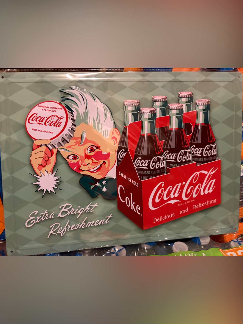 17x12 Embossed Tin SignCoca Cola Retro Illustration Tin Sign - Red, Pink & Green